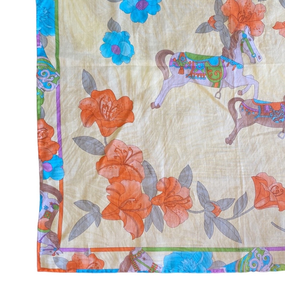 Vintage Leonard Scarf Square Horses Flowers - Picture 2 of 8